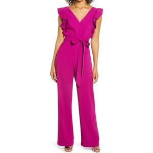 Lilly Pulitzer Magenta Ruffle Sleeve V Neck Wide Leg Jumpsuit Size 00